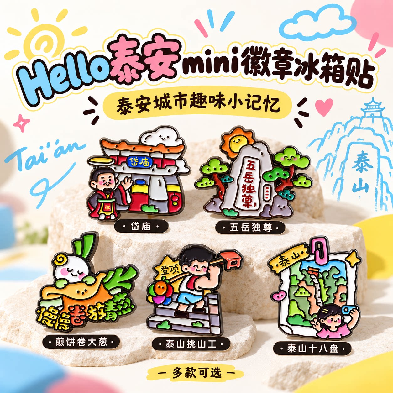 Hello泰安mini冰箱贴徽章泰山文创旅游纪念品文创徽章打卡装饰品