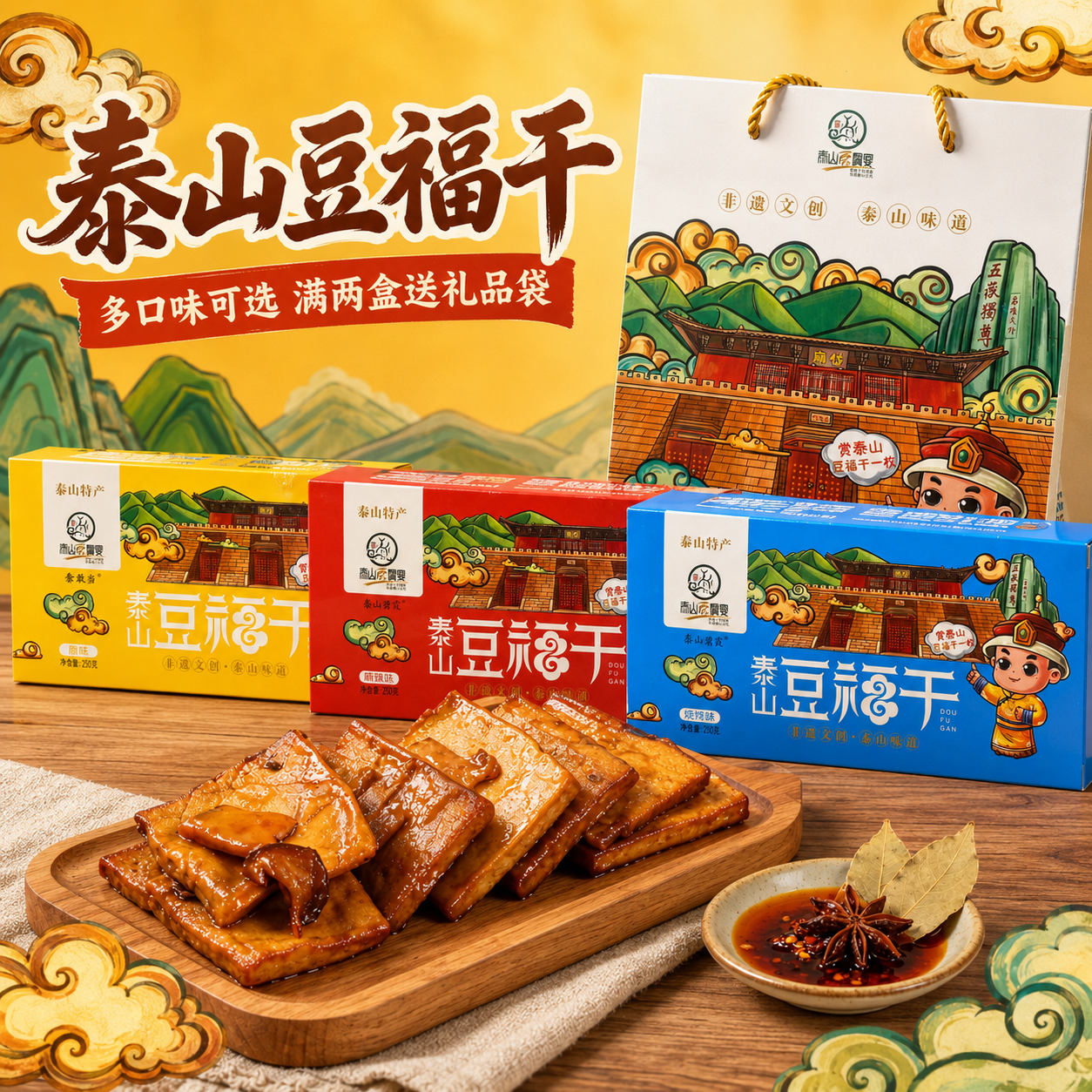泰安泰山特产豆干礼盒装多口味送长辈即食零食咸味辣味特产小零食