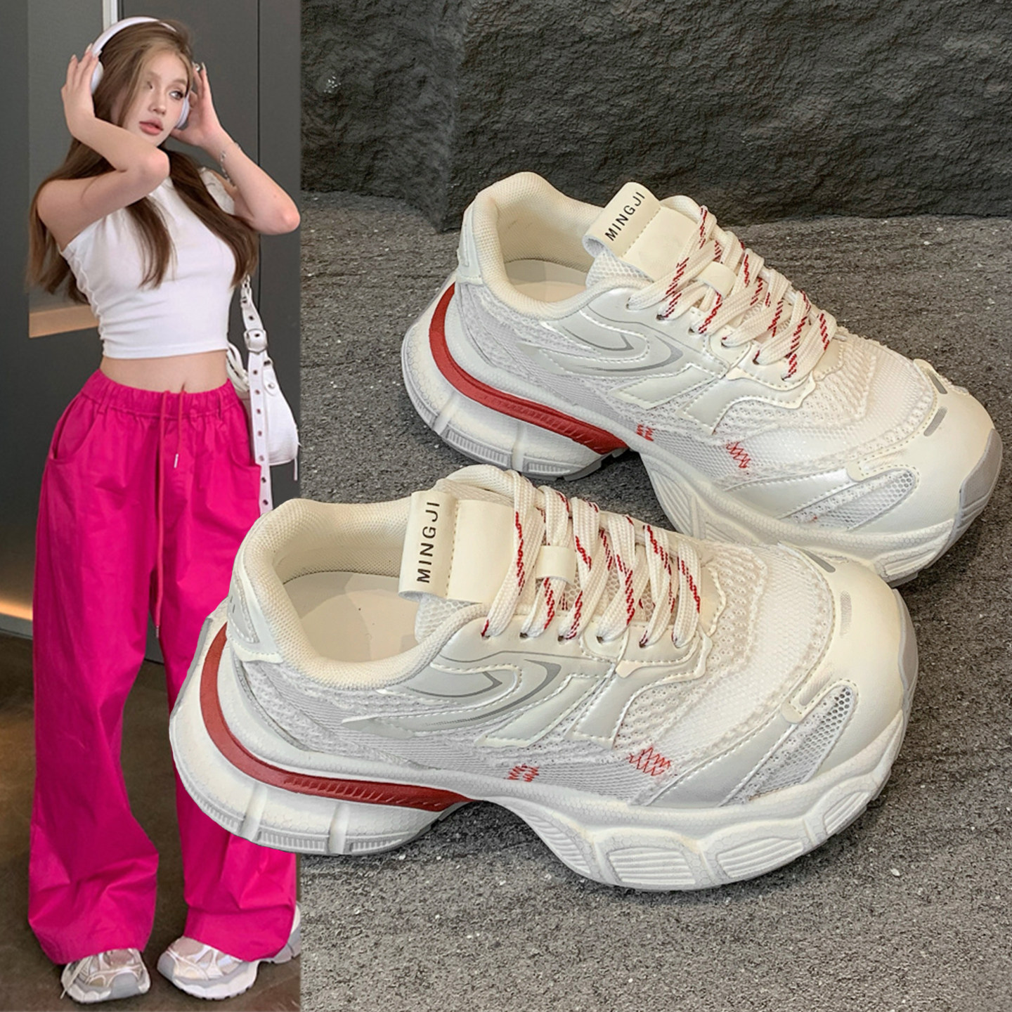 巴黎老爹鞋女款2026春夏季新款厚底增高运动鞋港风网面透气休闲鞋