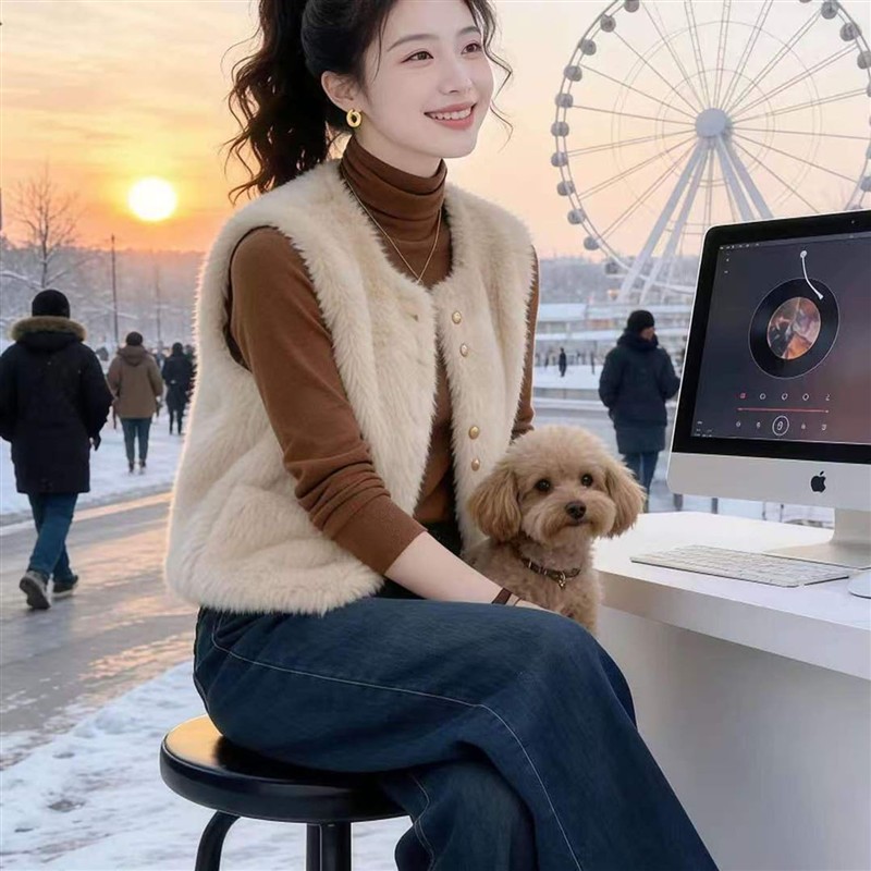 铂瑾精选2026秋冬新款女士毛绒马甲韩版时尚潮流轻奢无袖外套夹a2