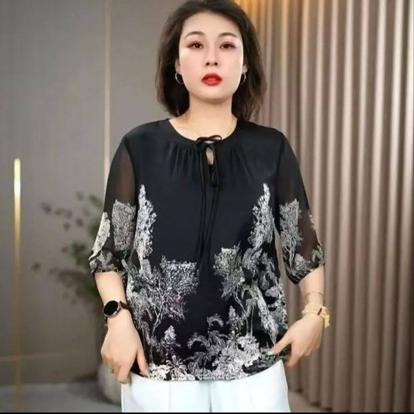 临蔡女装雪纺冰丝小衫夏季女士高档六分袖妈妈装2026新款印花上a6