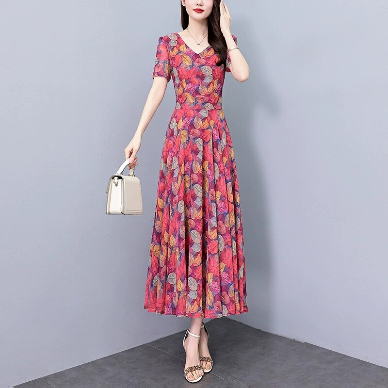 维干精选女装店夏季减龄高级连衣裙女士碎花雪纺修身显瘦大摆长a7
