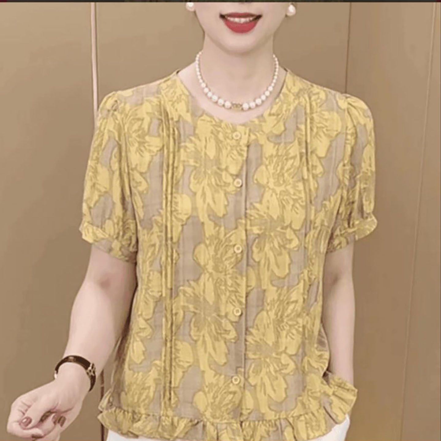 映阳女装木耳边下摆短袖小衫夏季女士时尚半袖妈妈装气质休闲上a6