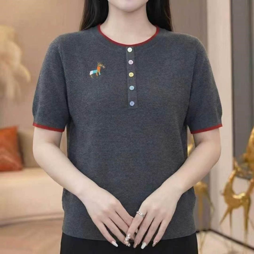 洋气拼色刺绣短袖圆领毛衣衫女2026夏季新款时尚显瘦百搭针织衫a8