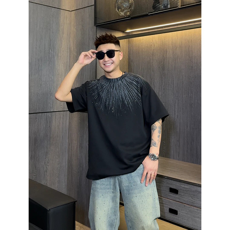 渐变扎染重工烫钻短袖T恤男