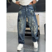 新款 美式 街头重工涂鸦牛仔裤 冬季 男水洗贴皮刺绣宽松牛仔拖地裤 潮