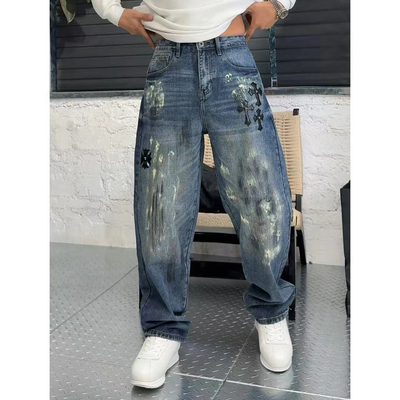 冬季新款美式街头重工涂鸦牛仔裤