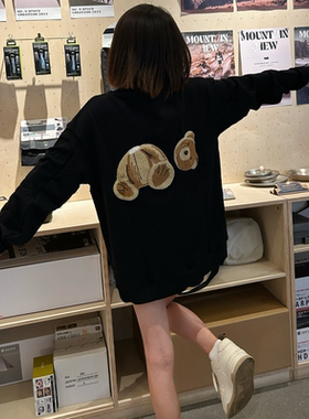 ESSENTIALS（特价清仓）黑色加绒外套女宽松小熊刺绣棒球服