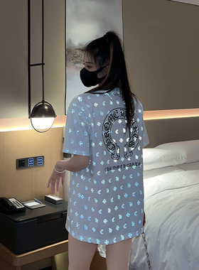 ESSENTIALSKKK2024年夏季新款潮牌反光印花t恤短袖女宽松情侣上