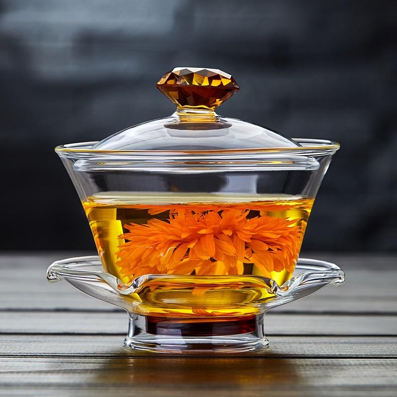 绿昌明玻璃盖碗单个泡茶杯三才敬茶碗功夫茶具套装加厚手抓壶大号