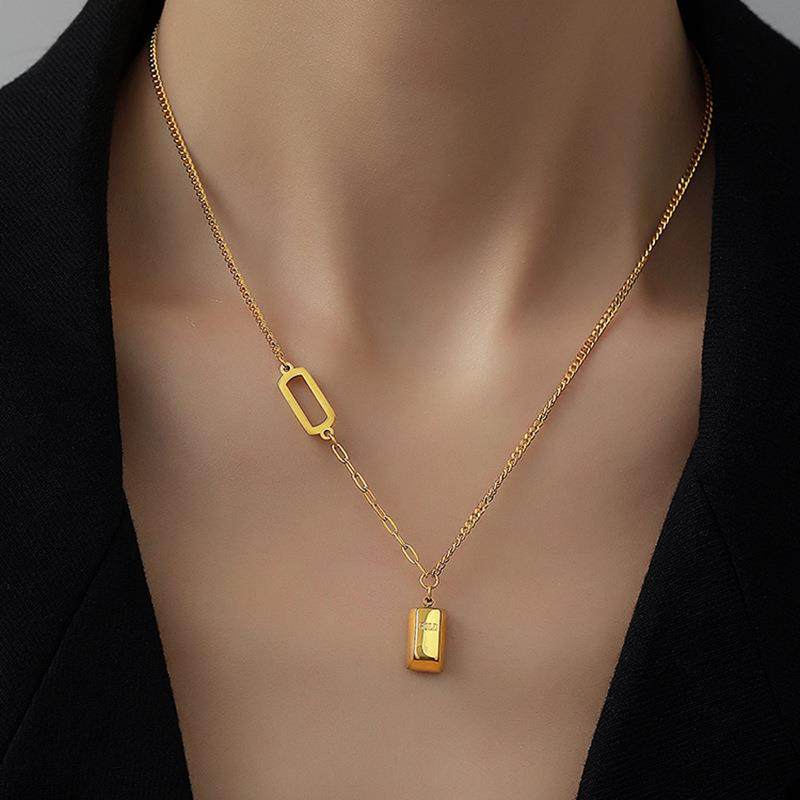小众设计好运暴富小金条项链女ins潮金色实心小金砖冷淡风锁骨链