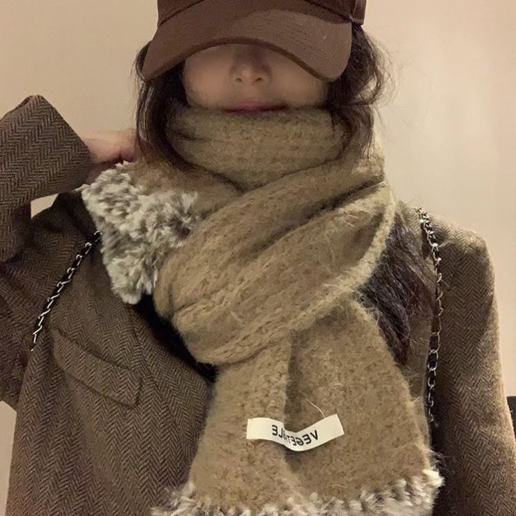 软糯毛边围巾女冬季新款针织保暖百搭学生情侣毛线围脖潮含羊毛