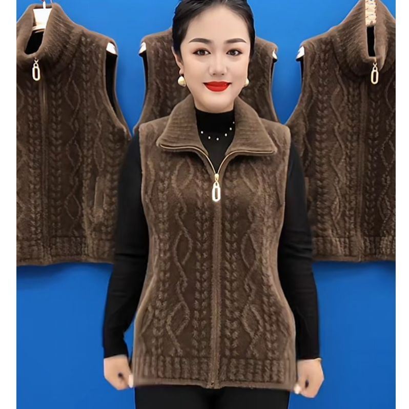 妈妈装仿水貂绒马甲外套女秋冬季宽松洋气加绒加厚短款马夹上衣女