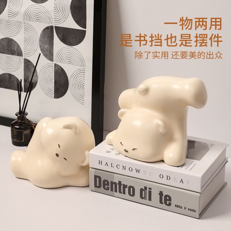 可爱解压陶瓷小熊书档摆件书靠书立桌面摆件奶油风创意书本仿真书