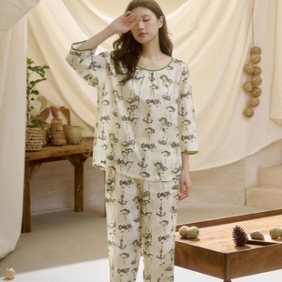 时尚 安之伴梭织棉睡衣女春夏薄款 个性 七分袖 印花圆领家居服 套装