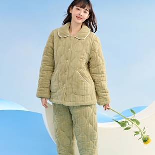 三层加厚保暖套装 安之伴珊瑚绒夹棉睡衣女冬季 简约多色休闲家居服