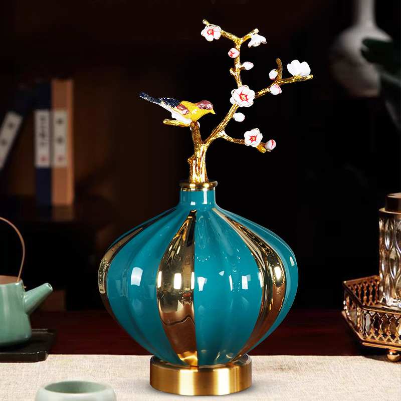 新中式花瓶摆件喜上眉梢珐琅彩工艺品玄关酒柜博古架轻奢装饰品