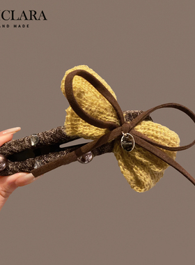 复古黄色针织蝴蝶结大号鸭嘴夹子发夹女后脑勺新款高级感盘发抓夹