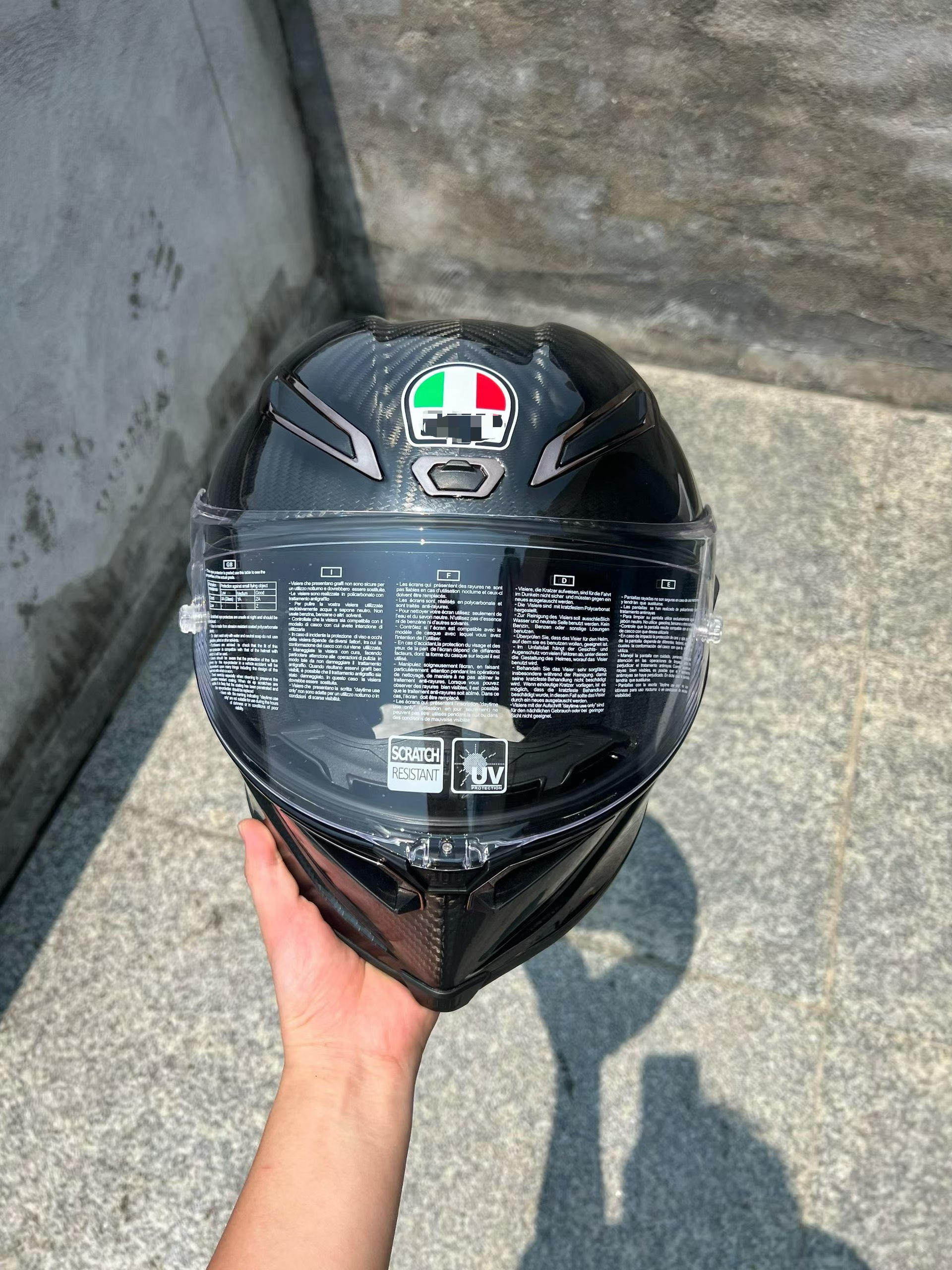 thumbnail for Pista Bright Black Carbon Fiber Large Rear Wing Motorcycle Safety Helmet Unisex All-Season Rider Gear