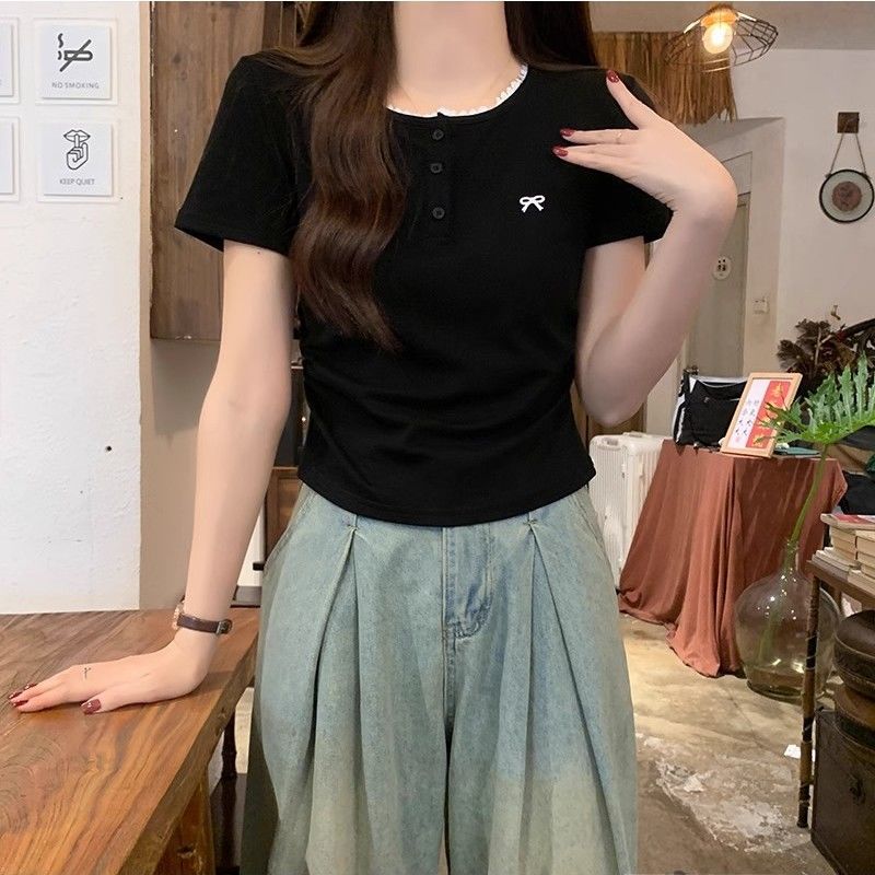 纯棉蕾丝花边正肩短袖t恤女夏季蝴蝶结刺绣褶皱独特别致短款上衣