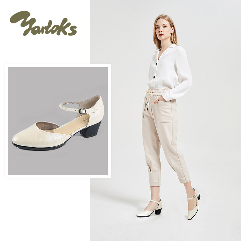 yarloks/雅乐士新款女鞋商务休闲一字扣白色鞋粗跟女鞋 10222051