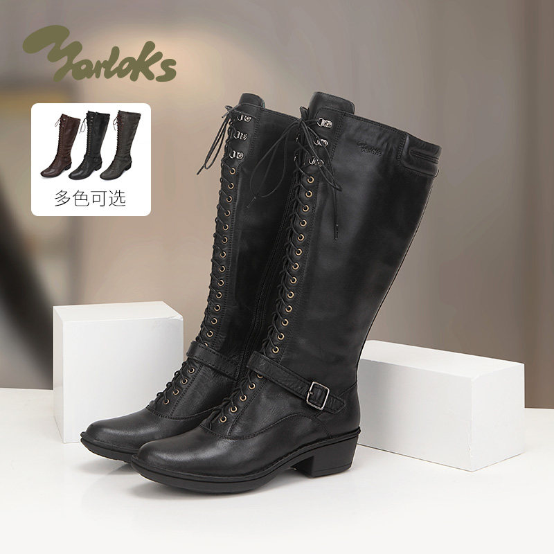 Yarloks/雅乐士黑色系带高筒靴女粗跟皮带扣骑士靴机车靴 W255801