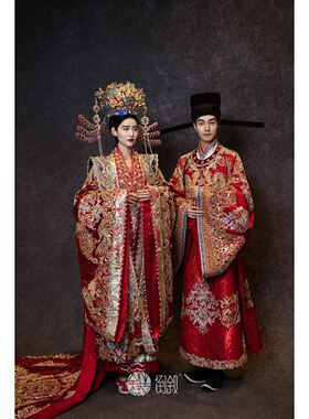 出租倒叙正版中式宋制汉服婚服婚礼定制嫁衣凤冠霞帔婚礼新娘租赁
