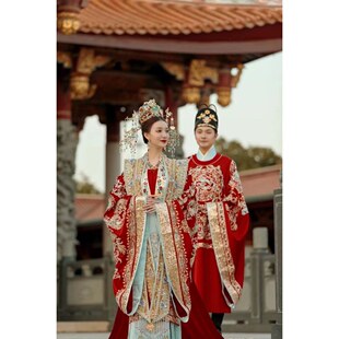 出租宋制汉服婚服结婚拖尾重工男女全套凤冠霞帔定制中式 租赁