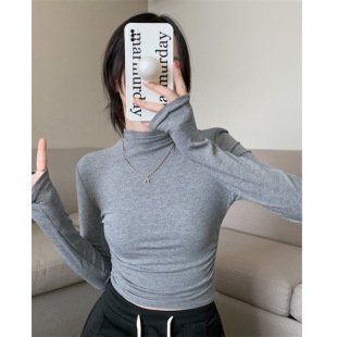 半领秋冬新款加绒褶皱修身上衣内搭磨毛发热恒温螺纹打底衫女
