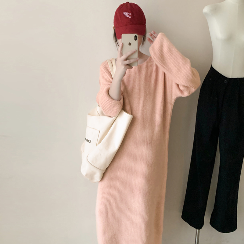 秋冬毛衣中长款洋气针织套头毛衣裙女宽松百搭毛裙打底衫连衣裙子