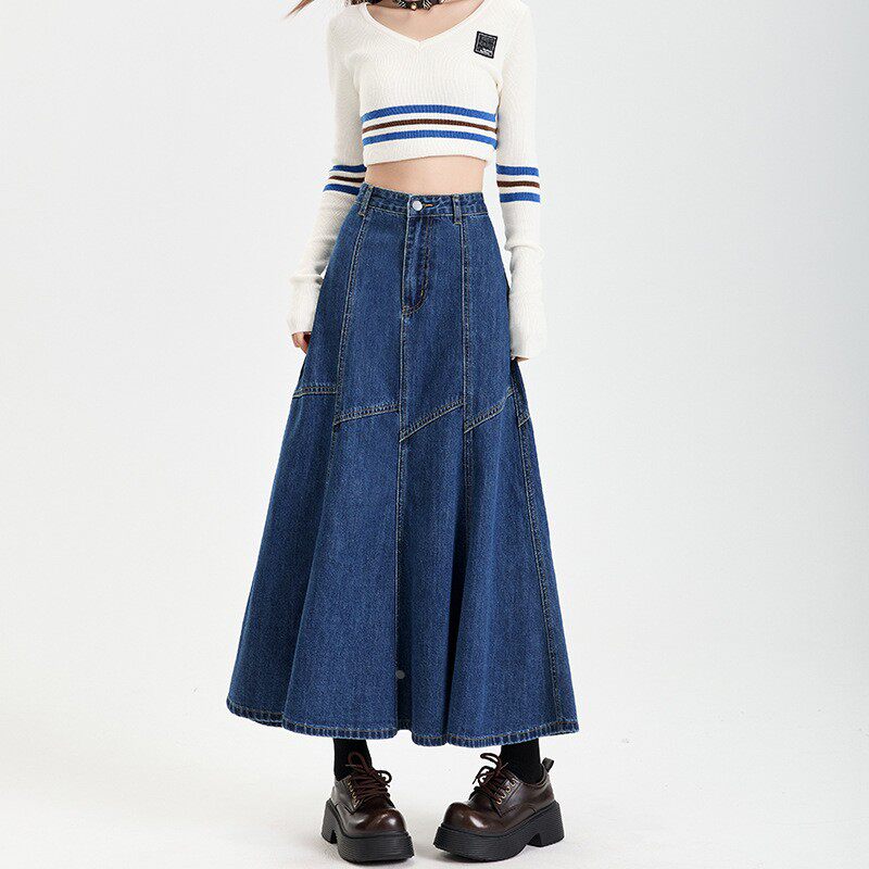 复古拼接半身伞裙女春夏中长裙女春牛仔裙女春高腰显包臀裙