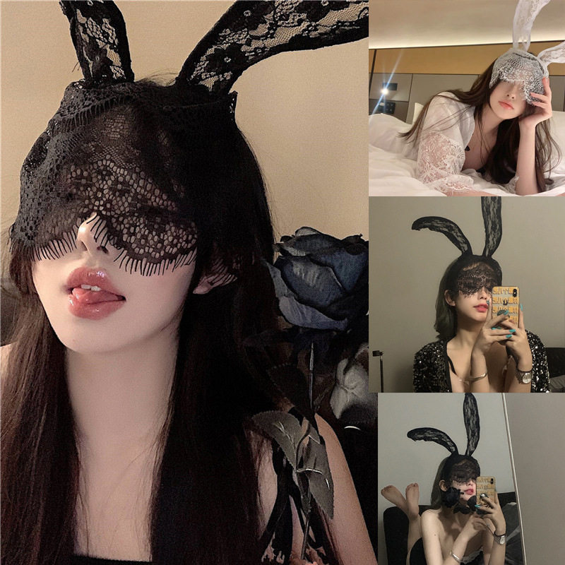新款蕾丝大兔子耳朵 黑色发箍 面罩舞会派对摄影万圣节头饰