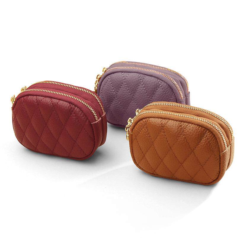 头层手拿迷你小钱包菱形车缝线双拉链硬币零钱袋零钱包女定制