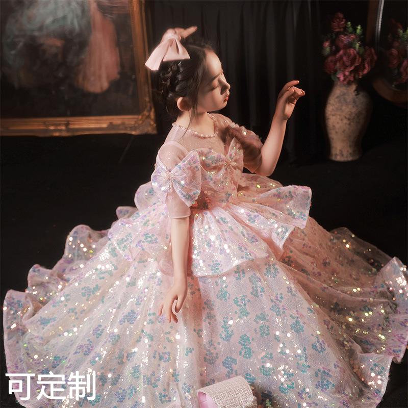 女童走秀礼服亮片蓬蓬纱儿童生日公主裙粉色小女孩钢琴演出服春季