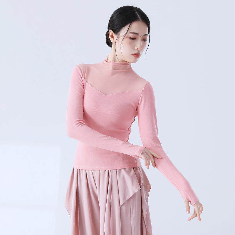 现代舞气质成人上衣舞蹈练功服修身网纱高领中国古典民族舞服女定