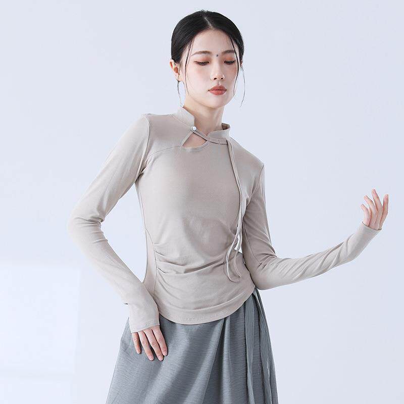 现代舞打底衫女立领复古斜襟盘扣中国风旗袍领舞蹈练功服长袖上衣