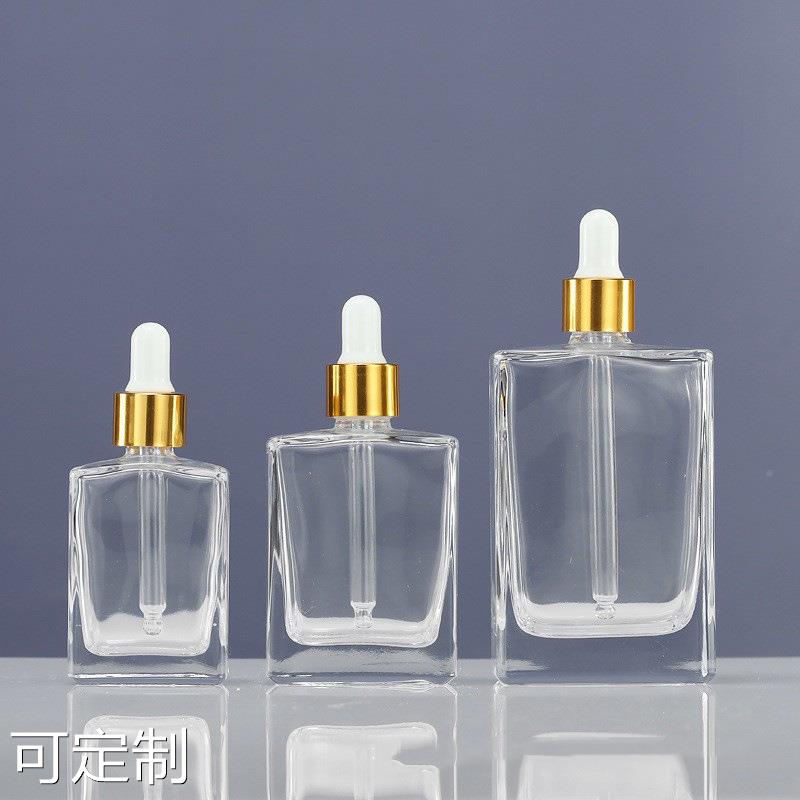 现货30ml玻璃香水瓶50ml扁方精油瓶方形精油精华液胶头滴管瓶