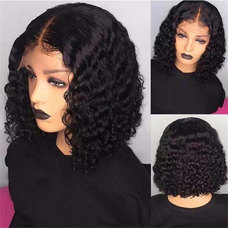 欧美假发 爆品非洲小卷假发 欧美女士黑色中分短卷发化纤头套 wig