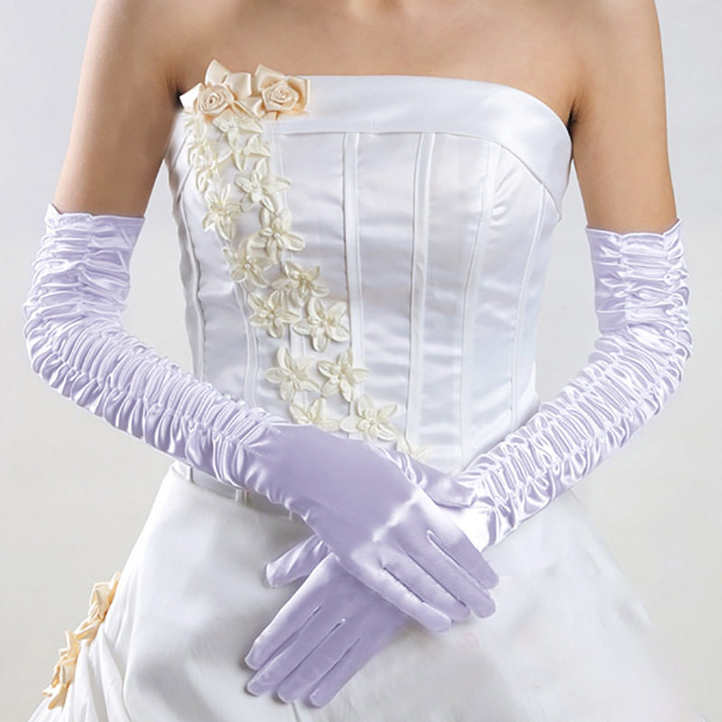 新娘结婚婚纱礼服手套加长过肘松紧褶皱手套氨纶缎面防晒打皱手套