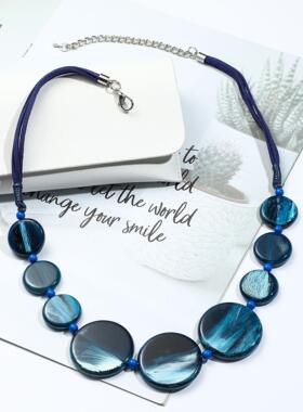 芯蓝欧美时尚蓝色亚克力项链女百搭圆珠链毛衣链外贸饰品配饰