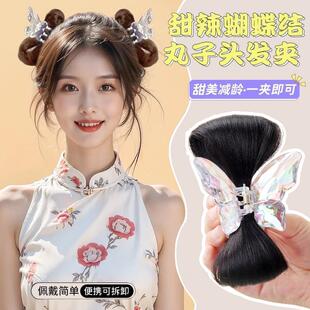 辣妹丸子头蓬松自然抓夹双丸子头假发水晶蝴蝶抓夹假发女仿真马尾