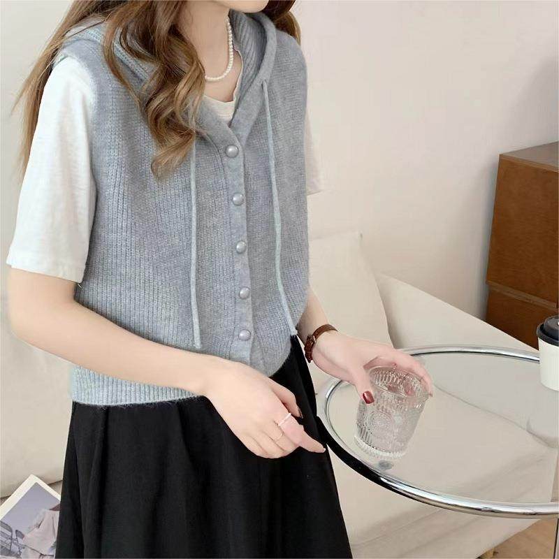 春韩文艺复古背心叠穿色简约休闲百搭抽绳连帽针织马甲女装