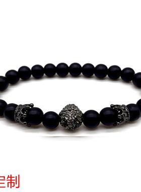 新品上市 男士时尚狮子皇冠魅力手链8MM黑色磨砂串珠手饰珠宝礼物