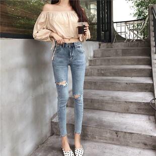 女新款 紧身弹力毛边小脚铅笔裤 韩版 九分裤 子女 显修身 破洞牛仔裤