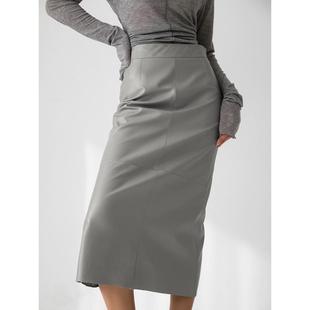 高腰开叉法式 灰色PU皮裙外贸女装 修身 新款 直筒半身裙 2027春季