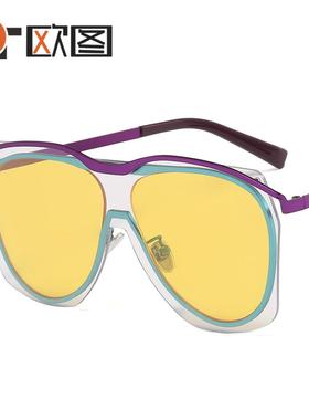 欧美潮酷网红防风个性一体墨镜大框白黄色彩色时尚太阳镜女 58107