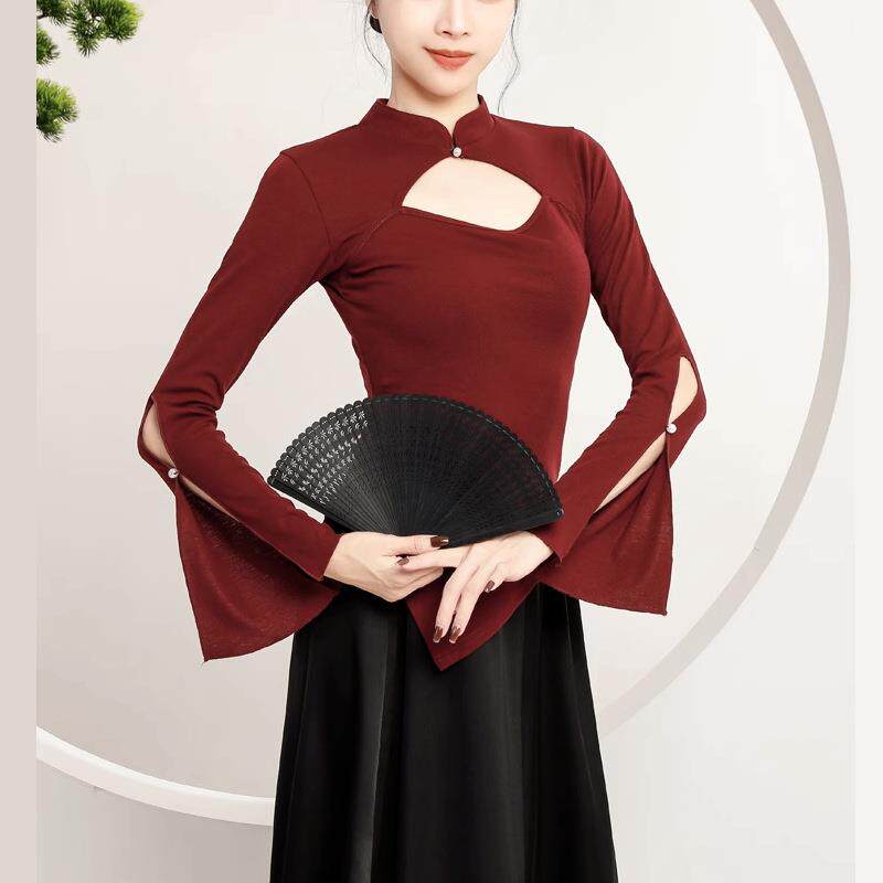 古典舞练功服装女成人现代舞旗袍领镂空长袖舞蹈服上衣身韵形体服