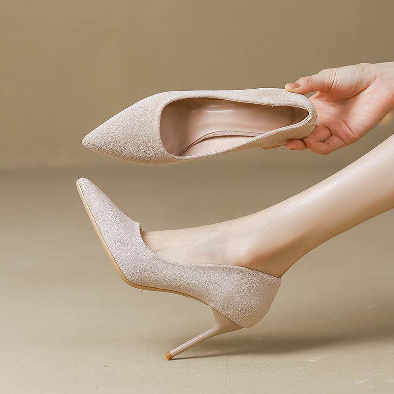 2025流行新款女鞋秋冬款高跟鞋女黑色细跟气质名媛超高跟绒面单鞋