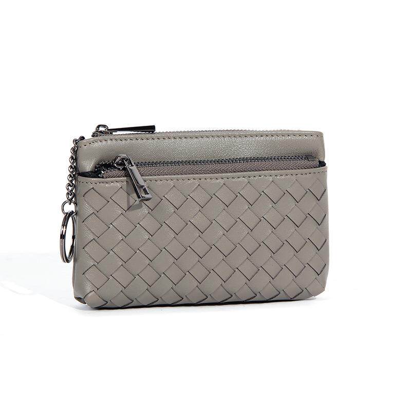 新款手工编织羊皮零钱包女款高级感钥匙圈零钱袋拉链小钱包定制