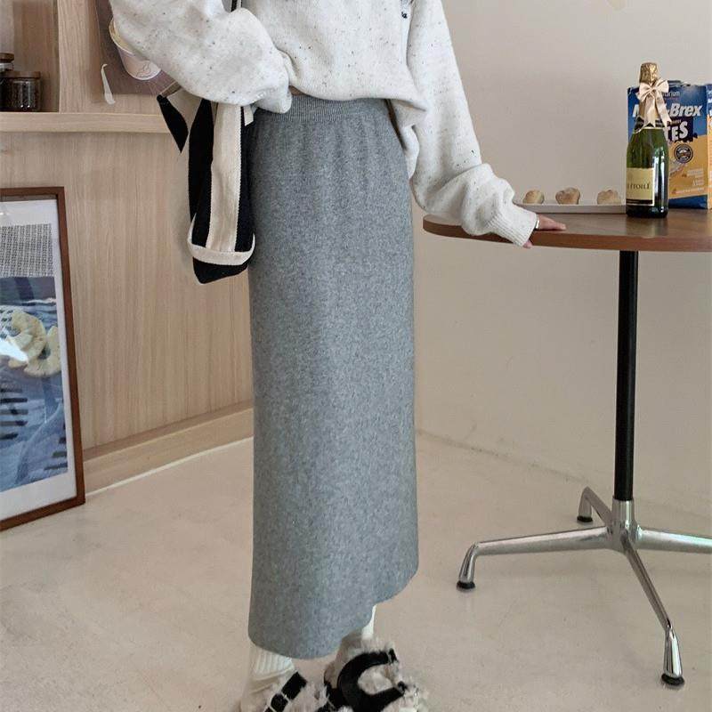 针织高腰显包臀半身裙女垂感直筒裙中长款百搭毛线裙子秋冬新款